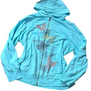 Mcbling Y2K Butterfly Graphic Zip Up Hoodie Turquoise Rhinestone XL